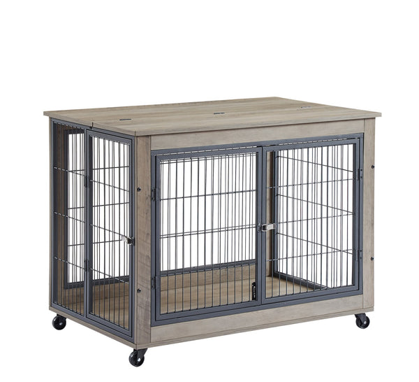 English Elm Furniture Style Dog Crate Side Table on Wheels with Double Doors, Lift-Top, Grey — Safe, Mobile, 38.58"w x 27.36"h W116291737
