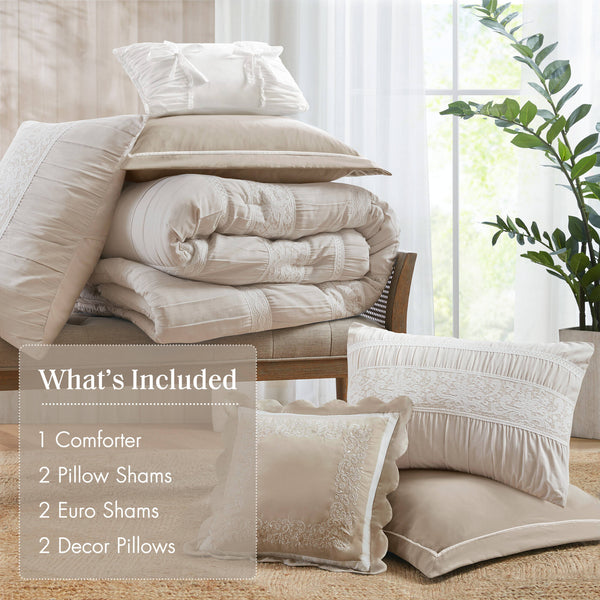 English Elm 7-piece King Jacquard Comforter Set Lace Detail Chambray Cottage Bedroom Ensemble Neutral B035P482889