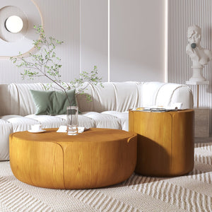 English Elm Round Mgo Drum Coffee Table Set Weatherproof Wood Grain Finish for Patio or Living Room Natural W757S00050