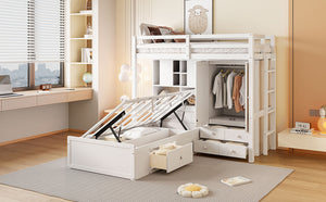 English Elm Twin Bunk Bed with Wardrobe Drawers Hydraulic Lift Shelves Kids Storage White LT000666AAK-1