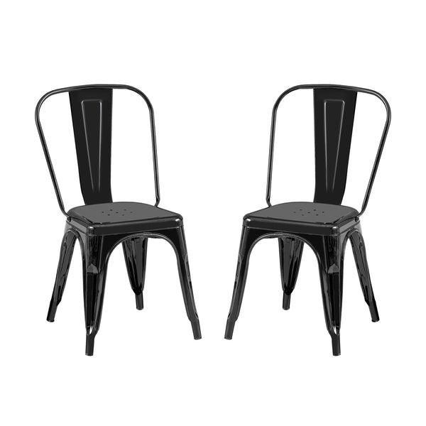 English Elm 2pc Industrial Metal Dining Chairs Stackable High Gloss Set for Kitchen or Modern Black B011P238550