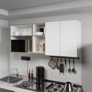 English Elm Wall-Mounted Kitchen Cabinet with Microwave Nook, Open Shelves & Double-Door Storage in Oak/White – Space-Saving Design B128P287520