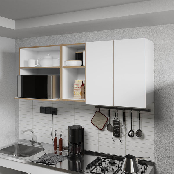 English Elm Wall-Mounted Kitchen Cabinet with Microwave Nook, Open Shelves & Double-Door Storage in Oak/White – Space-Saving Design B128P287520