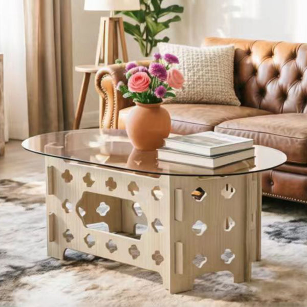 English Elm Oval Tempered Glass Coffee Table Carved Floral Wood Base Living Room Pet Nest W3935P481196