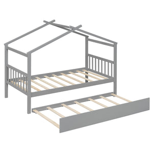 English Elm Twin House Bed Solid Pine Cottage Frame with Pull Out Trundle for Kids Bedroom Gray N708P309238E