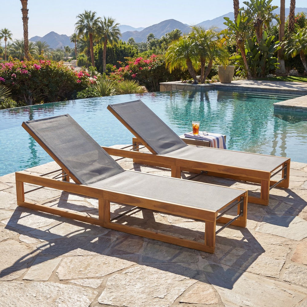 English Elm Mia Outdoor Acacia Wood Chaise Lounge with Breathable Mesh for Pool Deck or Patio N776P301495D