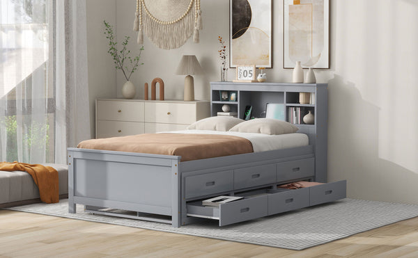 English Elm Twin Platform Bed with Storage Headboard, Pull-Out Trundle & 3 Drawers, USB Ports, Solid Wood Durability Gray GX000715AAE