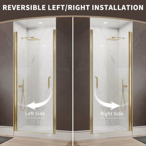 English Elm 32-34 in Frameless Pivot Shower Door Clear Glass Brushed Gold Reversible Bathroom W637P400607