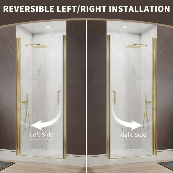 English Elm 32-34 in Frameless Pivot Shower Door Clear Glass Brushed Gold Reversible Bathroom W637P400607