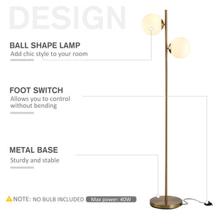 English Elm HOMCOM Gold Floor Lamp with 2 Glass Globe Shades, Anti-Skid Base, Footswitch, Modern 65" Tall W2225P217292