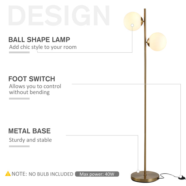 English Elm HOMCOM Gold Floor Lamp with 2 Glass Globe Shades, Anti-Skid Base, Footswitch, Modern 65" Tall W2225P217292