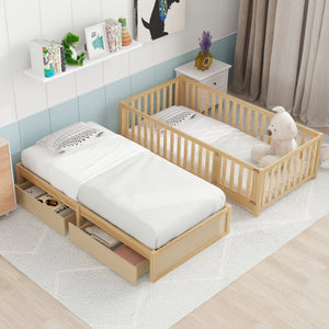 English Elm Twin Pinewood Daybed with Fence Guardrails Splits Into Two Floor Beds Storage Natural LP100881AAN