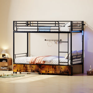 English Elm Bunk Bed Twin Iron Frame with Usb Charging Built in Guardrail and Convertible Design W3752P430830
