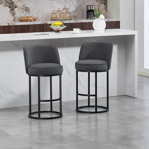 English Elm Counter Height Barstools Set of 2 Linen Upholstered Barrel Seat with Iron Legs Gray W395P410436