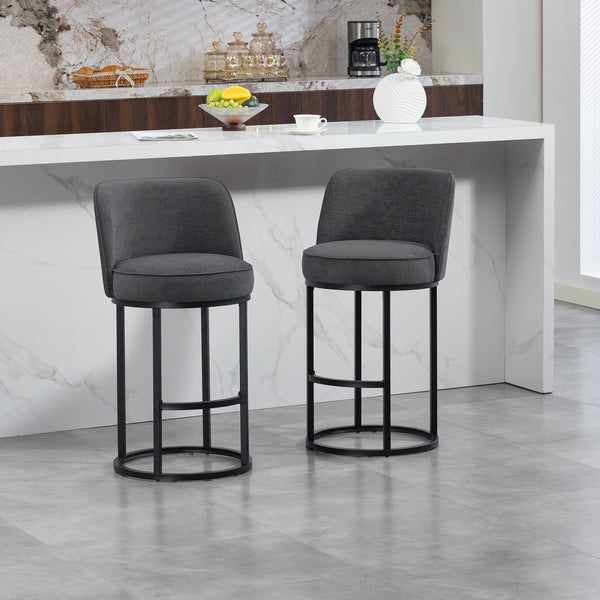 English Elm Counter Height Barstools Set of 2 Linen Upholstered Barrel Seat with Iron Legs Gray W395P410436