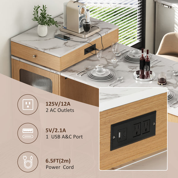 English Elm K&K Modern Extendable 59.5" Kitchen Island with Double-Sided Storage, Power Outlet & Casters Natural N707S000017Y