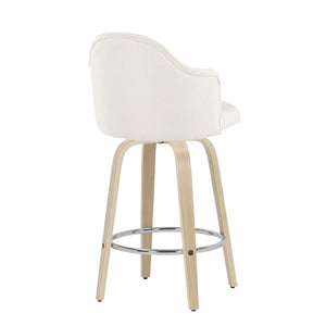 English Elm Ahoy Mid-Century Modern Counter Stool Set Of 2 With Cream Fabric, Natural Bamboo Legs & Chrome Footrest B202S00168