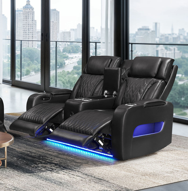 English Elm Jazmina Power Reclining Loveseat with Quilted Leather Aire Bluetooth Speakers and Led Lighting Black B2749P413350