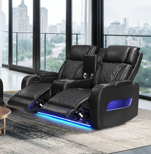 English Elm Jazmina Power Reclining Loveseat with Quilted Leather Aire Bluetooth Speakers and Led Lighting Black B2749P413350