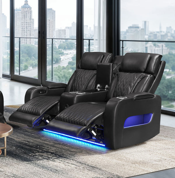 English Elm Jazmina Power Reclining Loveseat with Quilted Leather Aire Bluetooth Speakers and Led Lighting Black B2749P413350