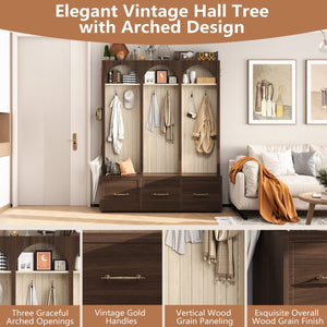English Elm Farmhouse Hall Tree with Arched Panels Bench Drawers and Hooks for Mudroom Entryway Walnut W5271S00006