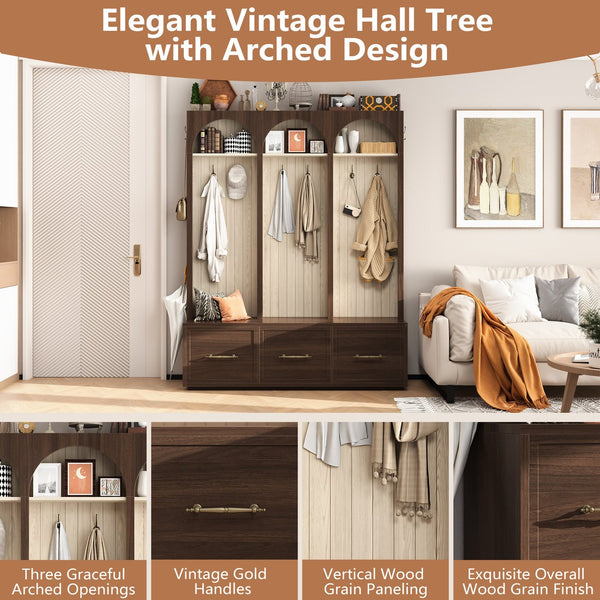 English Elm Farmhouse Hall Tree with Arched Panels Bench Drawers and Hooks for Mudroom Entryway Walnut W5271S00006