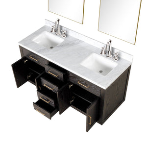 English Elm Brown Oak Double Bath Vanity With Carrara Marble Top & Chrome Faucets - Elegant Storage Solution B2731S01793