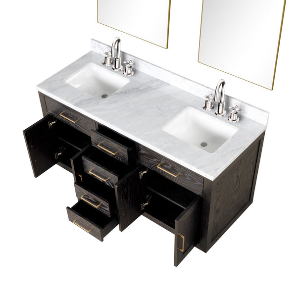 English Elm Brown Oak Double Bath Vanity With Carrara Marble Top & Chrome Faucets - Elegant Storage Solution B2731S01793