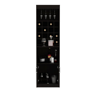 English Elm Kava 71" Bar Cabinet with Concealable Serving Tray, 16 Bottle Cubbies, 12 Glass Rack, Black Finish B200S00104