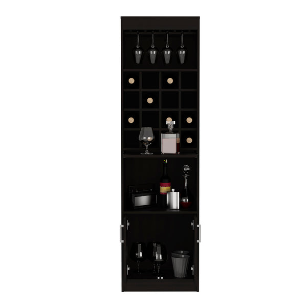 English Elm Kava 71" Bar Cabinet with Concealable Serving Tray, 16 Bottle Cubbies, 12 Glass Rack, Black Finish B200S00104