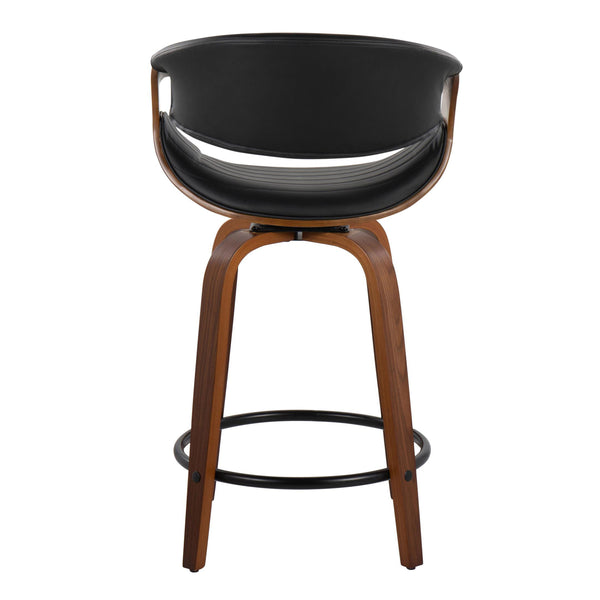 English Elm 24" Swivel Counterstools Walnut Base Faux Leather Bucket Seat Chrome Footrest Pair B202S00088