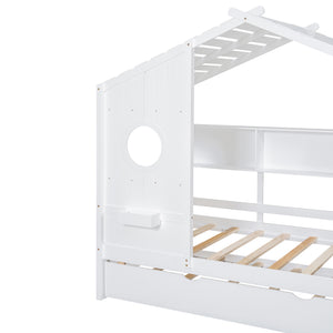 English Elm Wooden Twin House Bed with Trundle and 3 Back Shelves, Pine Frame Playful Loft Design for Kids White 41.7 L x 16.25 W x 6 H N733S316110K
