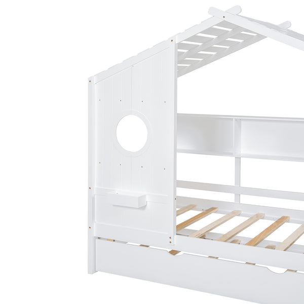 English Elm Wooden Twin House Bed with Trundle and 3 Back Shelves, Pine Frame Playful Loft Design for Kids White 41.7 L x 16.25 W x 6 H N733S316110K