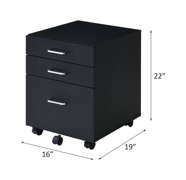 English Elm Tennos Black Chrome Finish Cabinet with 4-Tier Shelves, X-Frame, 3 Drawers & 5 Wheels for Modern Spaces B2726P277143