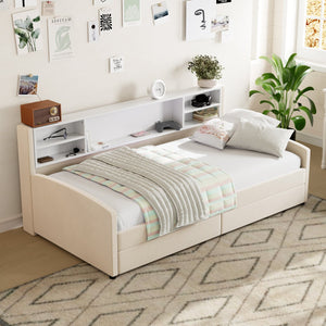 English Elm Twin Velvet Upholstered Platform Bed with Plush Headboard, Underbed Drawers & Hidden Cabinet Storage Beige SF000183AAA