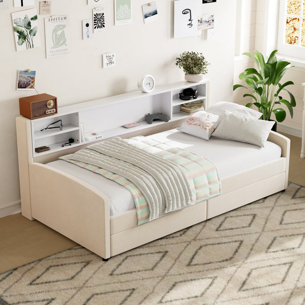 English Elm Twin Velvet Upholstered Platform Bed with Plush Headboard, Underbed Drawers & Hidden Cabinet Storage Beige SF000183AAA