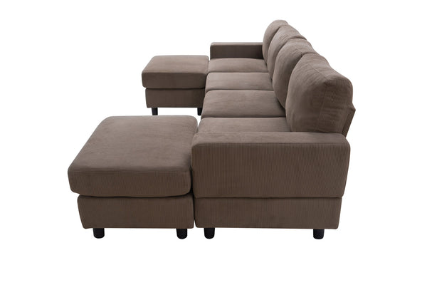 English Elm 98.8" Corduroy U-shaped Sectional with Modular Ottomans and Dense Foam for Family Rooms Brown W5515S00032