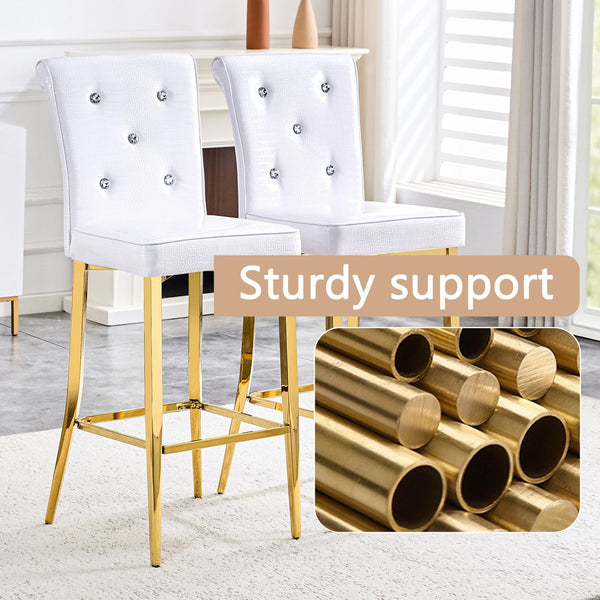 English Elm A Set of 2 Crocodile Embossed Pvc Barstools with Crystal Clasp Detail for Home Bars White W3875P383108