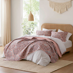 JLA Home Super Listing - Boho Valerie Reversible Quilt with Watercolor Medallion and Tonal Floral, Ultra‑Soft Brushed Microfiber Pink AM14-0596