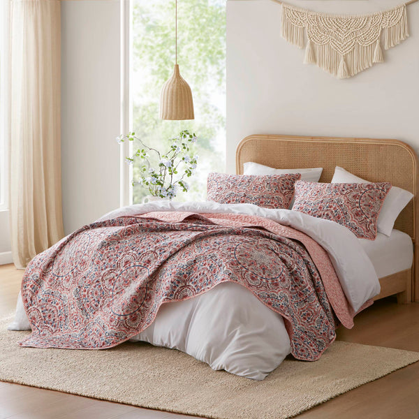 JLA Home Super Listing - Boho Valerie Reversible Quilt with Watercolor Medallion and Tonal Floral, Ultra‑Soft Brushed Microfiber Pink AM14-0596