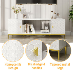 English Elm 70 Electric Fireplace TV Stand with Honeycomb Doors & Gold Legs, Sturdy MDF Console with Adjustable Shelves and Open Storage for Modern Living Room White 75.6 L x 19.3 W x 5.5 H T3609P332396