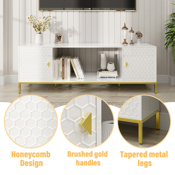 English Elm 70 Electric Fireplace TV Stand with Honeycomb Doors & Gold Legs, Sturdy MDF Console with Adjustable Shelves and Open Storage for Modern Living Room White 75.6 L x 19.3 W x 5.5 H T3609P332396