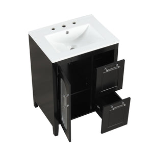 English Elm 24" Modern Bathroom Vanity with Ceramic Sink, Solid Wood & MDF Cabinet, Two Drawers, Shelf Black N725P245273B