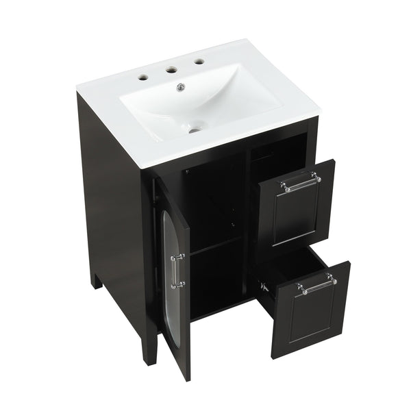 English Elm 24" Modern Bathroom Vanity with Ceramic Sink, Solid Wood & MDF Cabinet, Two Drawers, Shelf Black N725P245273B
