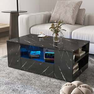 English Elm 14.57IN Modern LED Coffee Table with 20-Mode Remote Lighting, 2 Drawers, Open Shelves, Durable Wood Finish W331P264716