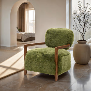 English Elm 1Pc Accent Chair - Plush Green Faux Fur With Walnut Arms, Cozy Contemporary Design For Any Room B2741P401374