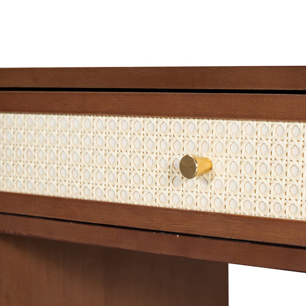 English Elm 39" Bohemian Walnut Vanity Set with Rattan Drawers Built-in Usb Ports and Cushioned Stool N733P180011D