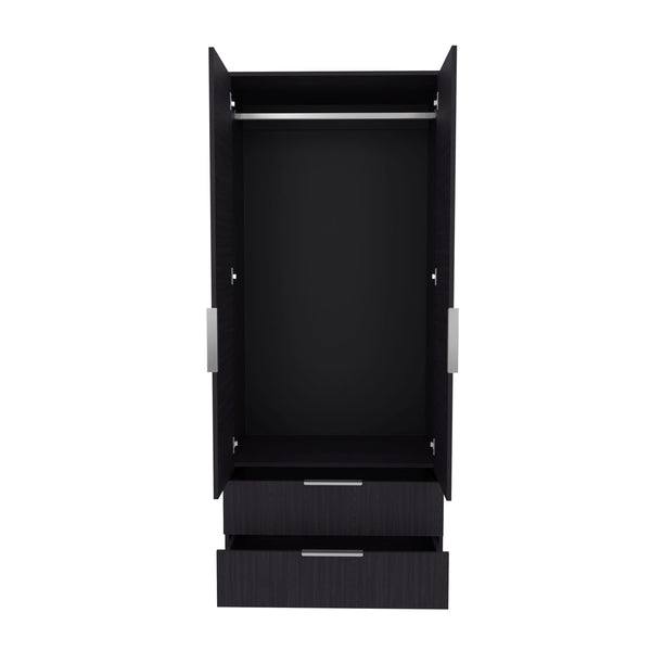 English Elm Armoire with Built-In Mirror and Ample Storage — 4 Doors, 2 Drawers, 4 Shelves, Eco-Friendly Finish Black 78.74 L x 25.59 W x 4.72 H B097S00213