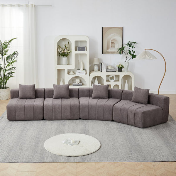 English Elm Chenille Modular Curved Sectional Sofa with Sculptural Piano Key Design and Four Throw Pillows Grey W834S00586