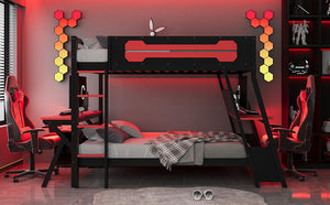 English Elm Full Size Gaming Bunk Bed with Dual Desks Usb Charging Ports and Pegboard Storage Red LT000274AAR